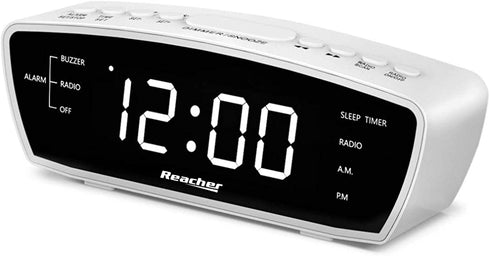 Reacher Simple Alarm Clock Radio with USB Charger Port, FM Radio, Dimmer, 6 Snoozes 9-Minute intervals, Adjustable Alarm Volume for Heavy Sleepers, for Bedrooms (White)