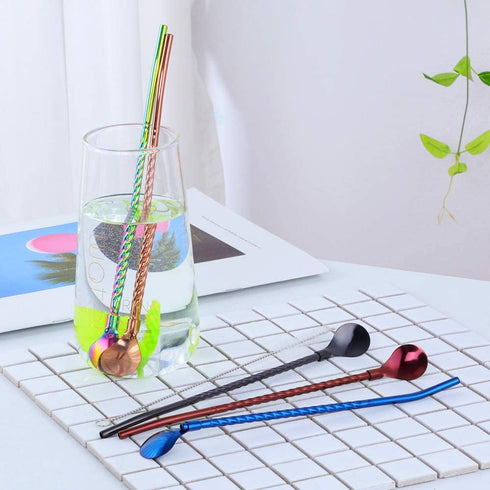 Color ME 10 pcs Metal Straw Spoons with 2 Cleaning Brushes, Reusable Drinking Spoon Straws for Iced coffee, Iced tea, Milkshake, Cocktail, Smoothies