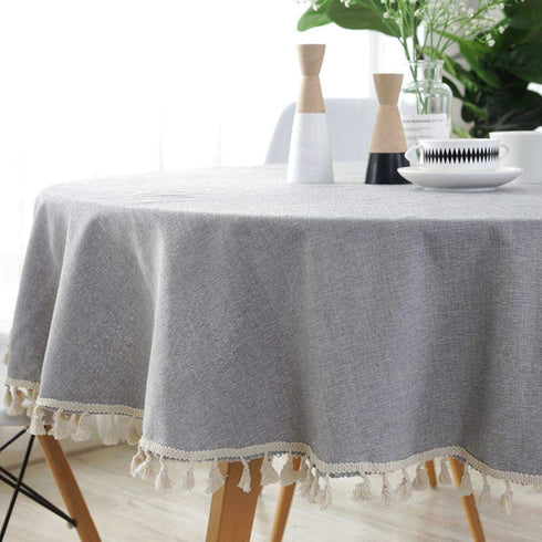 Lahome Solid Color Tassel Tablecloth - Cotton Linen Round Table Cover Kitchen Dining Room Restaurant Party Decoration (Gray, Round - 60")