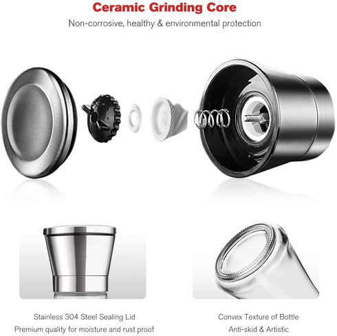 Professional Stainless Steel Salt and Pepper Grinder Set with Stand Manual Spice Adjustable Coarseness with Five Grinding Level Pepper Mill Grinders Shakers Gift Set with Silicone Funnel (Pack of 2)