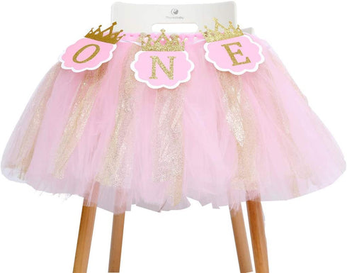 Tutu Highchair Banner for 1st Birthday - Princess 1st Birthday Party,Pink Tutu Skirt Photo Booth Props and Backdrop Cake Smash, Best Princess Birthday Party Supplies for Baby Girl