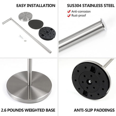 YCWIN Freestanding Toilet Paper Holder Stand with Storage for 6 Rolls of Toilet Tissue for Bathroom, Modern Toilet Paper Roll Holder Stand, Rustproof Stainless Steel Finish, Weighted Pedestal, Silver