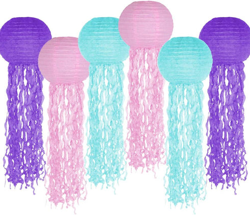Jelly Fish Paper Lanterns, Pink Purple Blue Hanging Lantern for Mermaid Unicorn Theme Under The Sea Ocean Birthday Party Decorations Set of 6