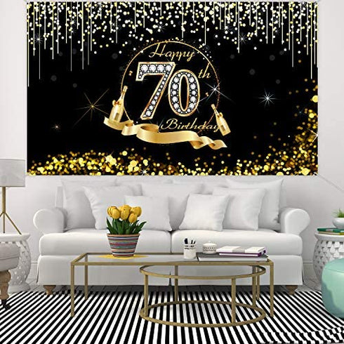 70th Birthday Party Decoration, Extra Large Black Gold Sign Poster 70th Birthday Party Supplies, 70th Birthday Banner Photo Booth Happy Birthday Backdrop Background, 72.8 x 43.3 Inch