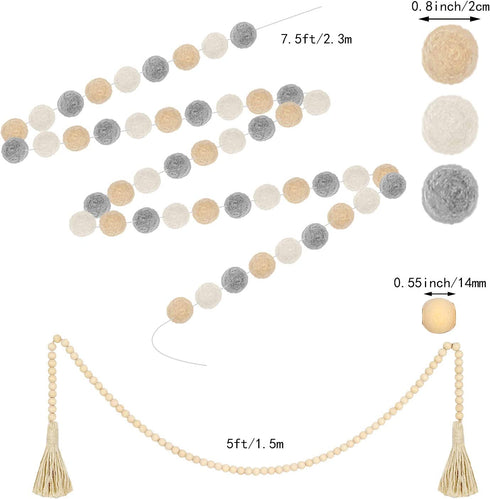 WILLBOND 2 Pieces Boho Wooden Bead Garlands Boho Garland Decor Farmhouse Rustic Country Beads and 2 Pieces Felt Ball Garlands Farmhouse Bead Tassel Hanging Garland for Christmas Party Home Decoration
