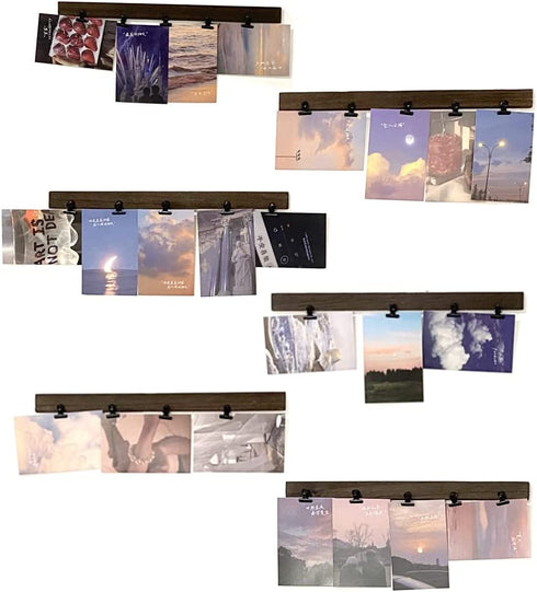 fghuim 6PCS Wooden Wall Hanging Photo Frames Picture Display Collage With Clips & Adhesive Stickers No Drilling on Wall
