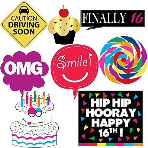 16th Sweet 16 Birthday Photo Booth Party Props - 40 Pieces - Funny 16th Birthday Party Supplies, Decorations and Favors