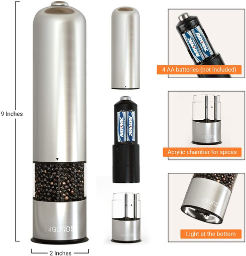 Electric Salt and Pepper Grinder - Automatic, Refillable, Battery Operated Stainless Steel Spice Mills with Light - One Handed Push Button Peppercorn Grinders and Sea Salt Mills