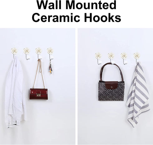 UFURMATE Coat Hooks, 2Pcs 3D Flower Ceramic Wall Coat Hook Decorative Flower Wall Mounted Hooks Single Prong Robe Hook for Hanging Scarf, Bag, Towel, Hat (Light Yellow Rose)