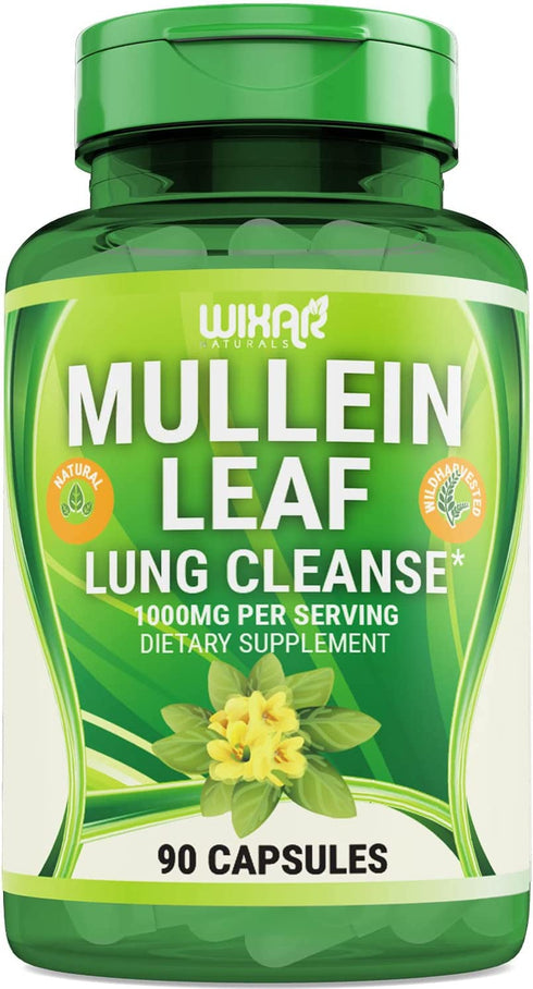 WIXAR NATURALS Mullein Leaf Capsules - 90 Capsules - Herbal Supplement Supports Healthy Respiratory Function & Mucous Membranes - 1000 mg - Natural Mullein for Lung Cleanse Support