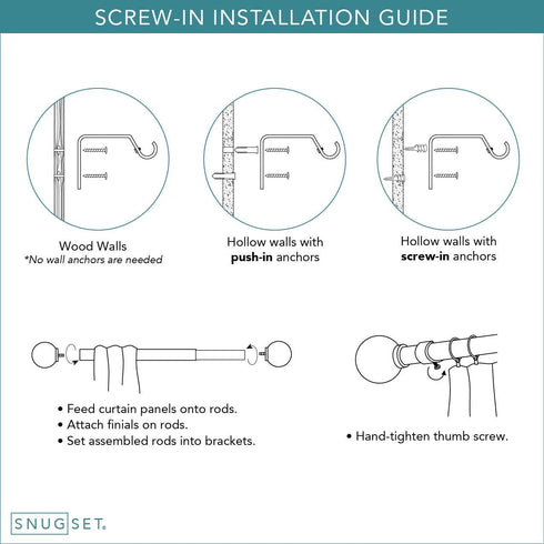 SnugSet | Ultra Sturdy Steel Rod | 4 Brackets for Additional Support | Quick Easy Install | Patented Hardware w/ No Tools Option | 1" Wide Rod | Supports Heavy Fabrics | Black Ball Finial | 72" - 144"
