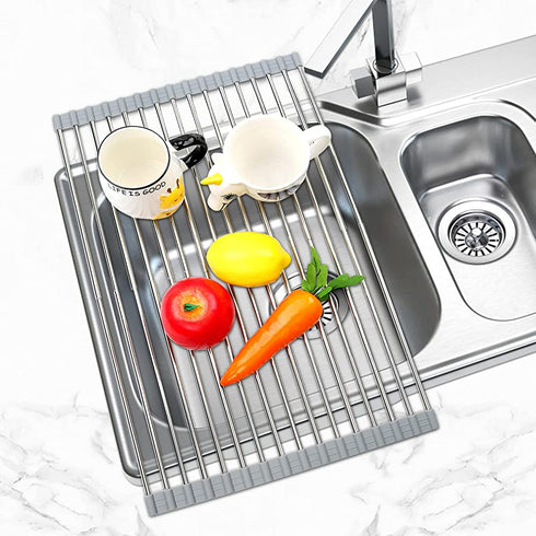 ZUKUBAMA Roll up Dish Drying Rack, Adjustable Sink Drying Rack with SUS304 Stainless Steel Multifunctional Large Cups Drain Rack Portable Drying Rack for Cups Fruits Vegetables (19.6" x 13") Gray