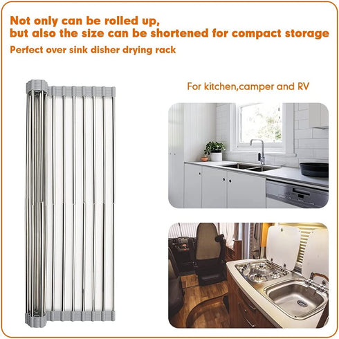 ZUKUBAMA Roll up Dish Drying Rack, Adjustable Sink Drying Rack with SUS304 Stainless Steel Multifunctional Large Cups Drain Rack Portable Drying Rack for Cups Fruits Vegetables (19.6" x 13") Gray