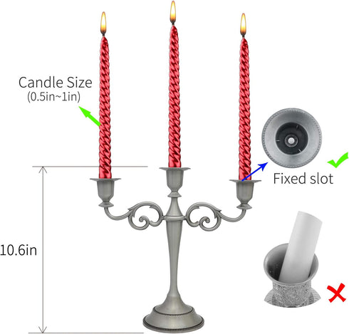 Viscacha 3-Candle Metal Candelabra Candlesticks Holder for Formal Events, Wedding, Church, Holiday Décor, Halloween Taper Candle Holder Stand Centerpiece Elegant Decoration Piece for Table,Pewter