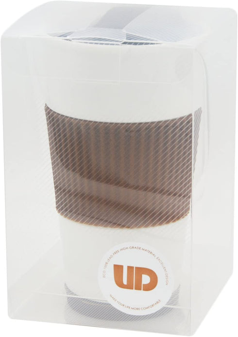 UDMG Ceramic Double Wall Insulated Travel Coffee Cup with Slider Lid, Silicone Sleeve & Built-In Coaster, 10 fl.oz (Coffee)