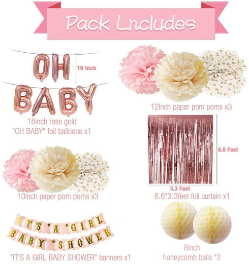 Rose Gold Baby Shower Decorations for Girl Pink Gold Its A Girl Baby Shower Banner Rose Gold OH Baby Foil Letter Balloons Rose Gold Foil Fringe Curtains Tissue Pom Poms Honeycomb Balls by HappyField