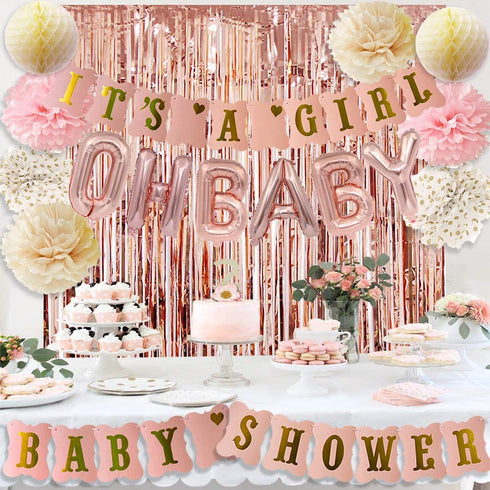 Rose Gold Baby Shower Decorations for Girl Pink Gold Its A Girl Baby Shower Banner Rose Gold OH Baby Foil Letter Balloons Rose Gold Foil Fringe Curtains Tissue Pom Poms Honeycomb Balls by HappyField