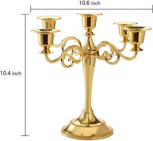 YOUEON Gold 5 Arms Candelabra, 10.4 Inch Metal Tall Candelabra Candle Holder Candlestick Holder for 1 Inch Diameter Pillar Candles, Taper Candle Holder, Candelabra Decoration, Wedding
