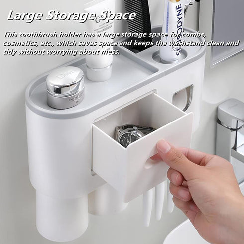 Automatic Toothpaste Dispenser with Toothbrush Holder, Multifunctional Wall Mounted Toothbrush Holder for Bathroom. Toothbrush Organizer with Sticker for Women Kids Baby Bathroom.