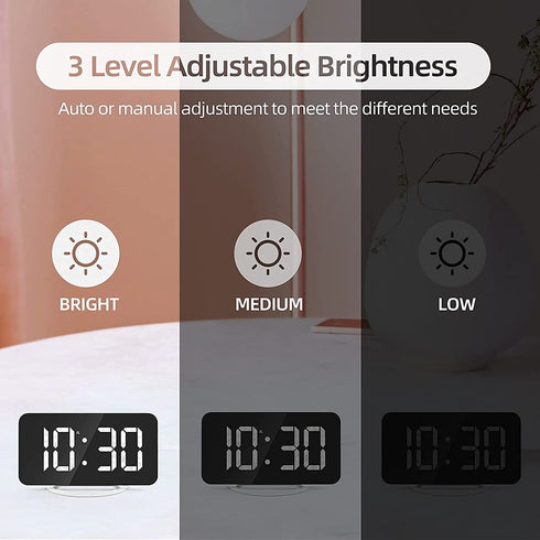 Digital Alarm Clock, 7" Large LED Mirror Electronic Clocks?Bedside Clock with Touch Snooze, Dual USB Charge, Auto Adjustable Brightness, Desk Wall Modern Clocks for Bedrooms Living Room Office(White)