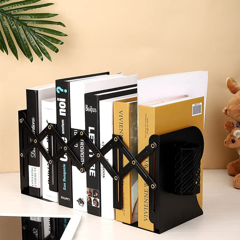 PROWOHO Adjustable Book Ends, Bookends with Removable Pen Holder for Office, Shelves, Desktop File Organizer, Kitchen, School Library and Home, Black