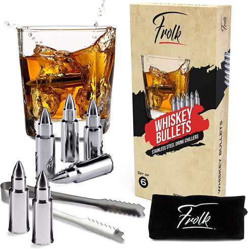 Stainless Steel Bullet Shaped Whiskey Stones Set of 6 - Chilling Rocks - Ice Stones With Tongs And Freezer Pouch, Gift Idea for Whiskey Lovers. Premium Gift For Him.