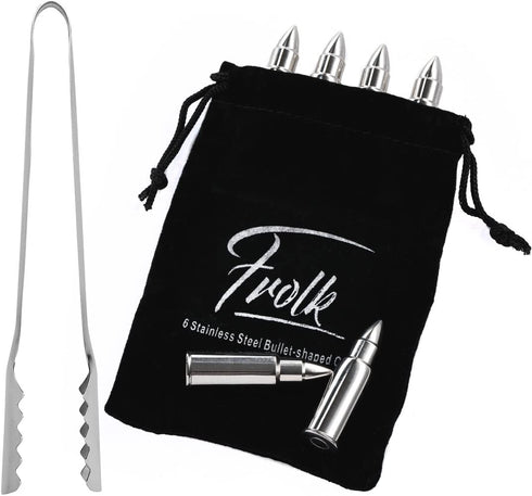 Stainless Steel Bullet Shaped Whiskey Stones Set of 6 - Chilling Rocks - Ice Stones With Tongs And Freezer Pouch, Gift Idea for Whiskey Lovers. Premium Gift For Him.