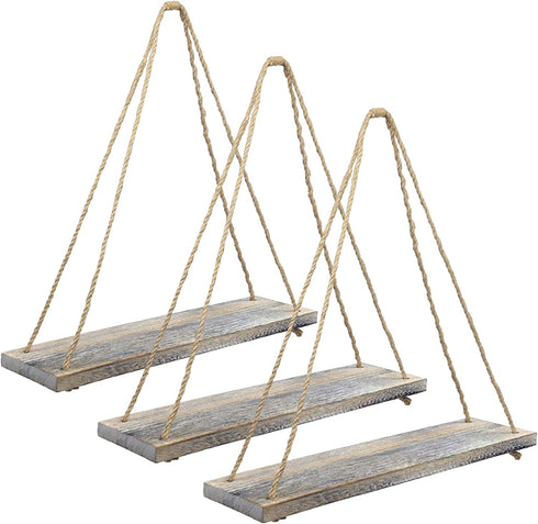 Excello Global Products Rustic Distressed Wood Hanging Shelves: 17-Inch with Swing Rope Floating Shelves (Brown - Pack of 3)