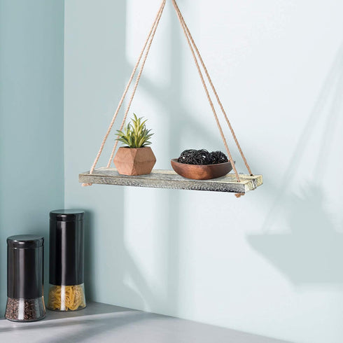 Excello Global Products Rustic Distressed Wood Hanging Shelves: 17-Inch with Swing Rope Floating Shelves (Brown - Pack of 3)