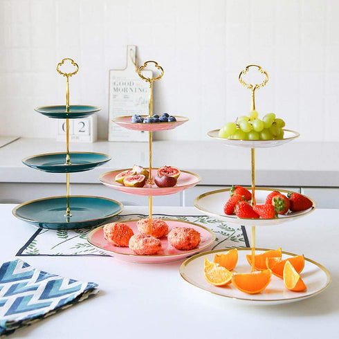CofeLife 3 Tier Ceramic Cupcake Stand Elegant Cake Stand - Dessert Stand Display - 3 Tier Serving Tray for Tea Party, Wedding and Birthday (Pink Gold)
