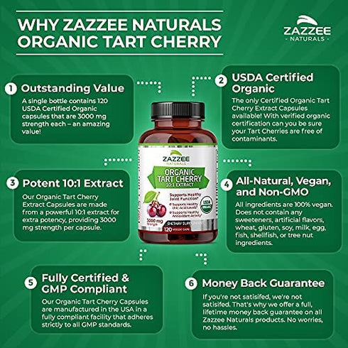 Zazzee USDA Organic Tart Cherry Extract, 120 Vegan Capsules, 3000 mg Strength, Potent 10:1 Extract, USDA Certified Organic, Non-GMO and All-Natural