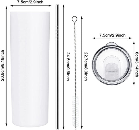 Stainless Steel Skinny Tumbler, Skinny Travel Tumbler, Double Wall Insulated Tumbler with Lid Straw, 20 Oz Slim Water Tumbler Cup, Vacuum Tumbler Travel Mug for Coffee, Beverages, Tea (2 Pack, White)
