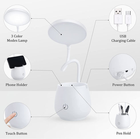 IEIK Desk Lamp for Home Office LED Desk Light with Pen Holder Phone Holder, Flexible Gooseneck Table Lamp with 1250 mAh USB Rechargeable Battery Stepless Dimming Study Lamp for Kids Bedroom Dorm
