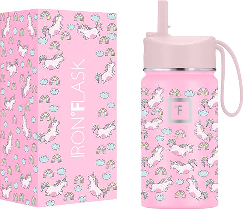 IRON °FLASK Kids Water Bottle - 14 Oz, Straw Lid, 20 Name Stickers, Vacuum Insulated Stainless Steel, Double Walled Tumbler Travel Cup, Thermo Mug, Metal Canteen Stardust Unicorns