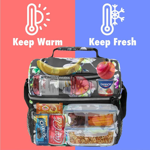 opux Insulated Dual Compartment Lunch Bag for Women, Ladies | Double Deck Reusable Lunch Box Cooler with Shoulder Strap, Leakproof Liner | Medium Lunch Pail for School, Work, Office (Floral Grey)