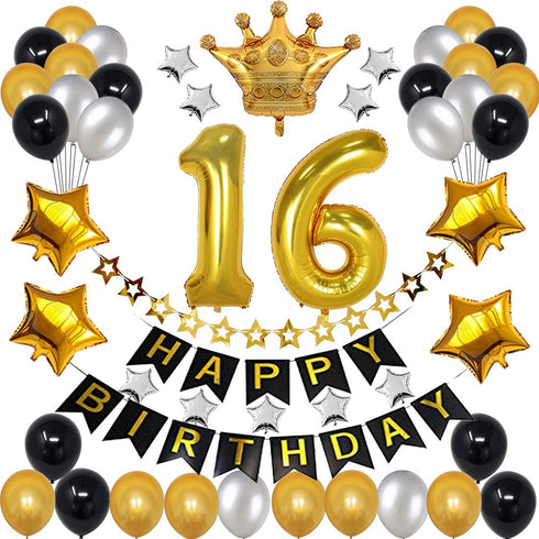 16th Birthday Decorations for Men Boy Women Girl,Black and Gold Birthday Decorations for 16th and 61st Happy Birthday Party with 16 Gold Number Balloon Happy Birthday Banner and Gold Crown Balloons