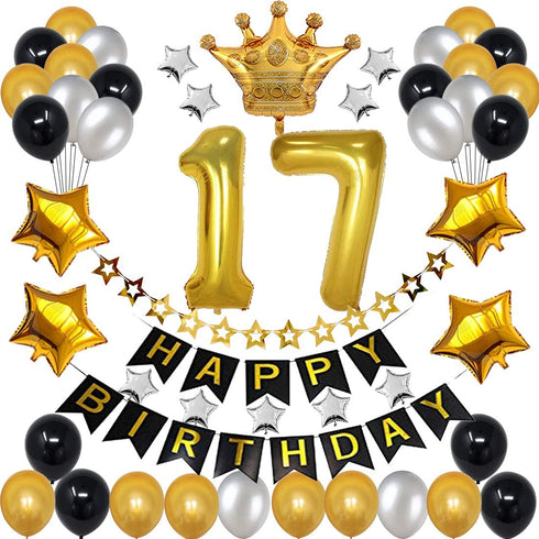 17th Birthday Decorations for Men Boy Women Girl,Black and Gold Birthday Decorations for 17th and 71st Happy Birthday Party with 17 Gold Number Balloon Happy Birthday Banner and Gold Crown Balloons