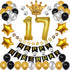 17th Birthday Decorations for Men Boy Women Girl,Black and Gold Birthday Decorations for 17th and 71st Happy Birthday Party with 17 Gold Number Balloon Happy Birthday Banner and Gold Crown Balloons