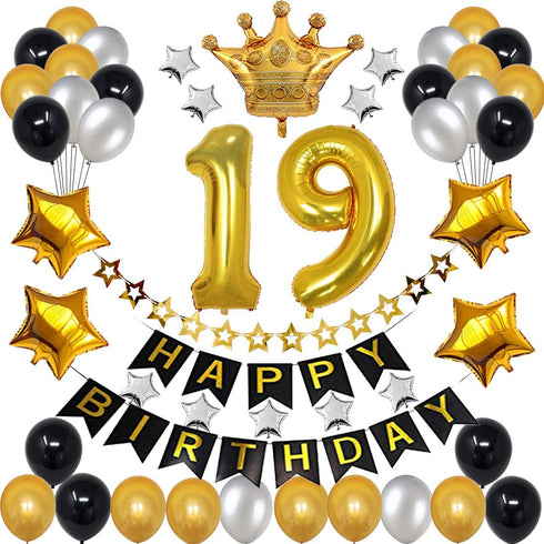 19th Birthday Decorations for Men Boy Women Girl,Black and Gold Birthday Decorations for 19th and 91st Happy Birthday Party with 19 Gold Number Balloon Happy Birthday Banner and Gold Crown Balloons