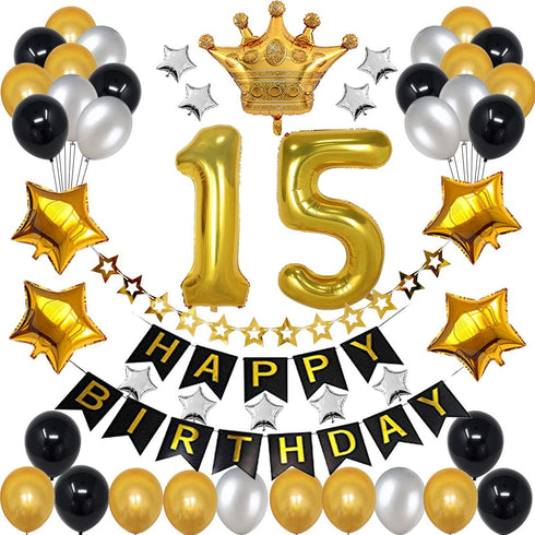 15th Birthday Decorations for Men Boy Women Girl,Black and Gold Birthday Decorations for 15th and 51st Happy Birthday Party with 15 Gold Number Balloon Happy Birthday Banner and Gold Crown Balloons