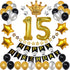 15th Birthday Decorations for Men Boy Women Girl,Black and Gold Birthday Decorations for 15th and 51st Happy Birthday Party with 15 Gold Number Balloon Happy Birthday Banner and Gold Crown Balloons