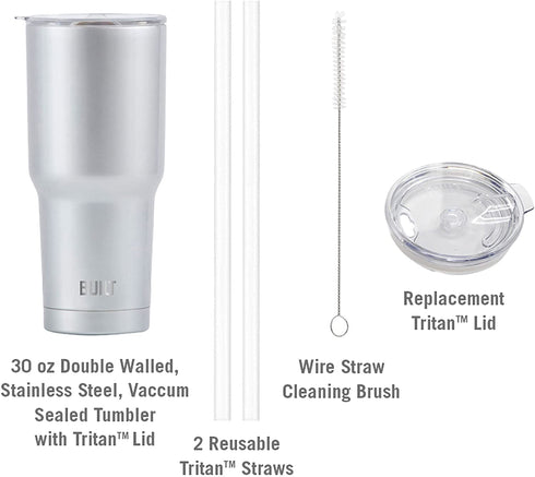 BUILT Double Walled Stainless Steel Tumbler Set with Replacement Lid, 2 Reusable Tritan Wire Straw Cleaning Brush in Gift Box, 30 Ounce, Inkwell