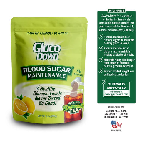 GLUCODOWN, Maintain Healthy Blood Sugar, Delicious Lemon Tea Mix, Diabetic Friendly, 45 Servings, Resealable Package.