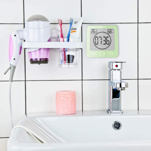 Digital Bathroom Shower Wall Clock Timer with Alarm, Waterproof for Water Spray, Touch Screen Timer, Temperature Humidity Display with Suction Cup Hanging Hole (White)
