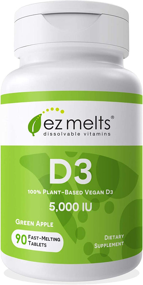 EZ Melts Vitamin D3 5000 IU Tablets - Vitamin D3 Dissolving Tablets for Improved Vitamin Intake - Vegan D3 Vitamins to Promote Bone Support - Zero Sugar Vitamin D3 Tablets - Apple Flavor - 90 Ct