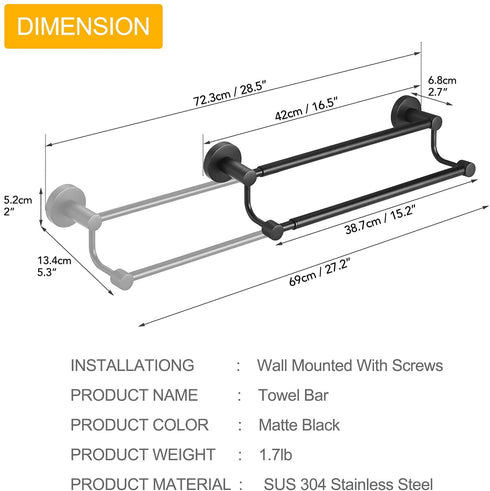 BESy Adjustable 16.5-28.5 Inches Double Bath Towel Bar for Bathroom SUS304 Stainless Steel Towel Holder, Hotel Style Wall Mount with Screws Hand Towel Bar?Towel Rack Rod Hanger, Matte Black Finish