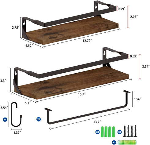 Ditwis Floating Shelves with Rail and Towel Bar for Bathroom, Set of 2 Rustic Wall Mounted Storage Shelf for Bedroom, Kitchen, Including 4 Hooks