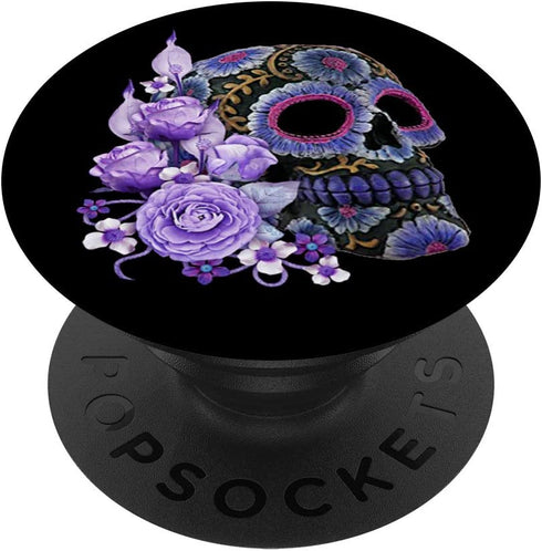Purple Floral Black Sugar Skull Day Of The Dead PopSockets PopGrip: Swappable Grip for Phones & Tablets