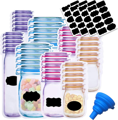 81 Pcs Reusable Mason Jar Bags Food Storage Plastic Bags Multi-Size Fresh Leak Proof Sandwich Snack Zipper Bags with Chalkboard Label Sticker Silicone Funnel for Kitchen Camping Travel Office