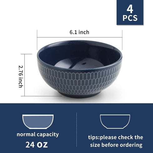 KOOV 24 Ounce Soup Bowl Set, Porcelain Cereal Bowls Microwave And Dishwasher Safe, Kitchen Bowls For Oatmeal Breakfast, Chip, Rice, Ceramic Bowls Set of 4 (Embossed Blue)
